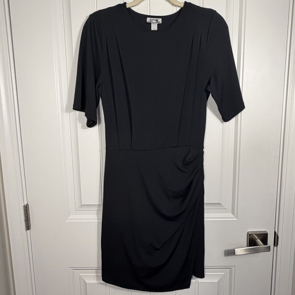 Future Collective Black Ruched Sheath Dress XS Career Cocktail Midi